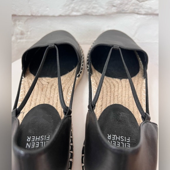 Eileen Fisher Lee Black Leather Espadrilles Flats Side Cutout Jute Sandal NWOT - Picture 8 of 11